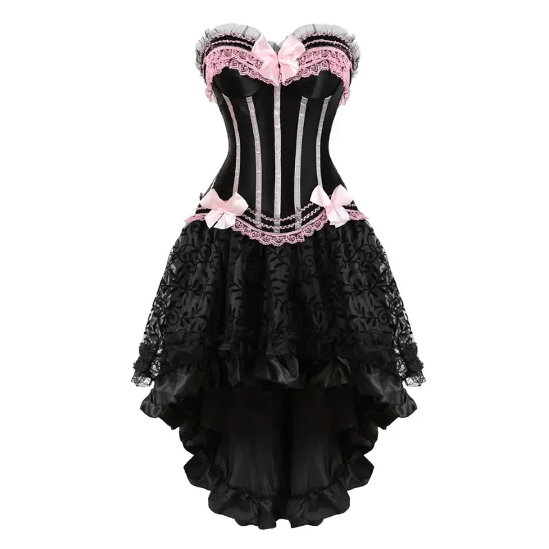 Vintage corset and skirt set sexy satin lace corset irregular floral skirt women Victorian bustier corset top plus size costumes