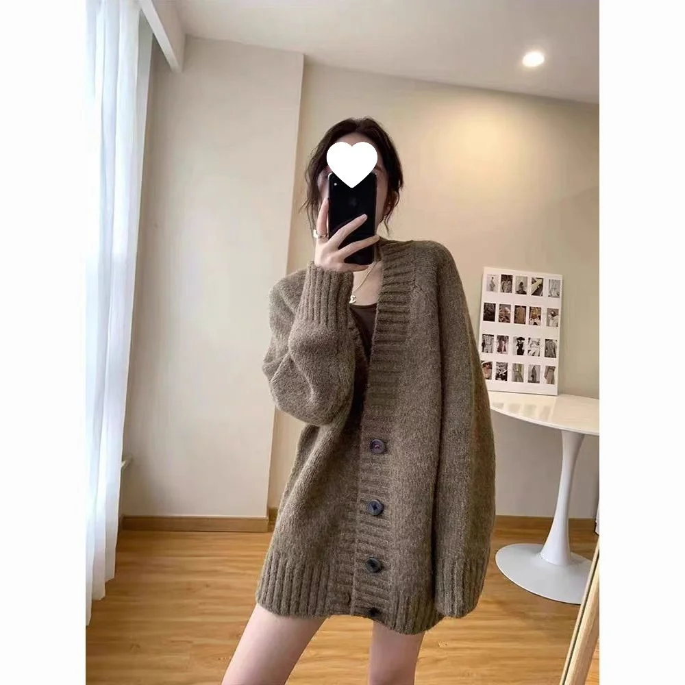 

Кардиганы средней длины в стиле Харадзюку для женщин, осенние, с отложным воротником, V-образным вырезом, мягкие, с декоративными элементами, вязаные, с изогнутыми кнопками, крупной вязки в рубчик, уличная мода