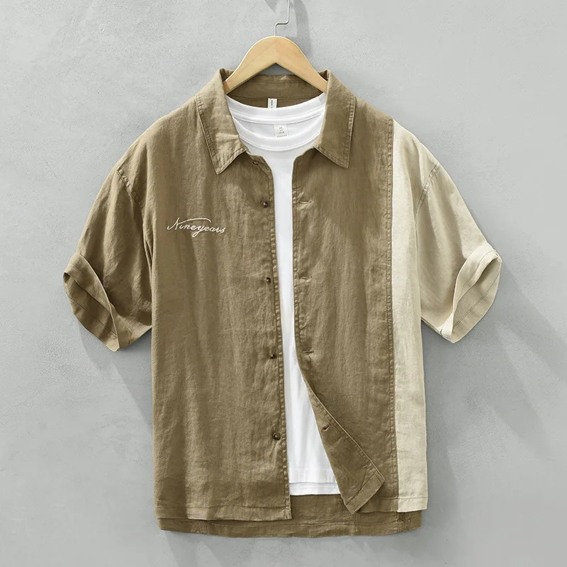 2785 100% Linen Patchwork Shirt Men\'s Summer New Fashion Short Sleeve Vintage Loose Casual Thin Breathable Cozy Blouse Daily Top