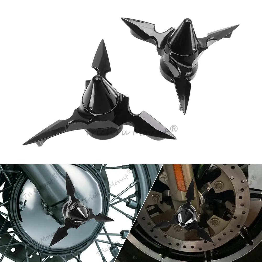 

1 Pair Black Spinning Blade Front Axle Nut Caps Covers for Harley Sportster Dyna Softail Touring V-Rod Trike Street 1984-2025