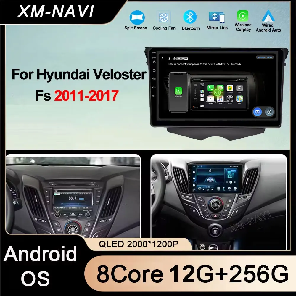 Multimedia Video Player Carplay Android 16 For Hyundai Veloster Fs 2011 - 2017 Car Radio 4G Navigation GPS QLED Screen Stereo