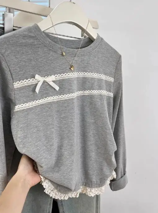

Женская повседневная кружевная базовая рубашка с длинными рукавами, футболка, коллекция осень-зима 2025