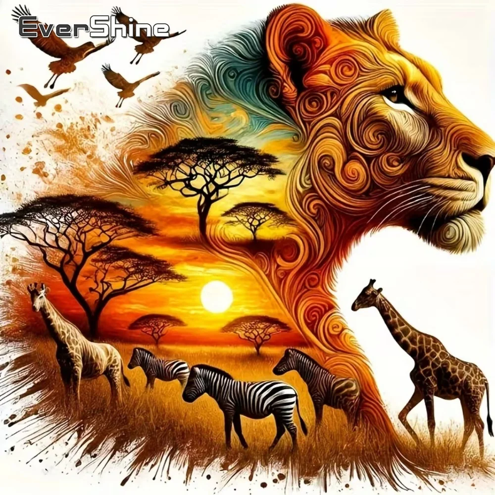 Evershine Löwe Diamant Mosaik Tier DIY Malerei Sonnenuntergang Handarbeiten Vollquadrat Rund Diamant Stickerei Giraffe Kind Geschenk