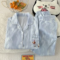 Spring and autumn pajamas for women, casual cardigan with reversible collar, long sleeves, long pants, home wear two-piece set. - Image 3