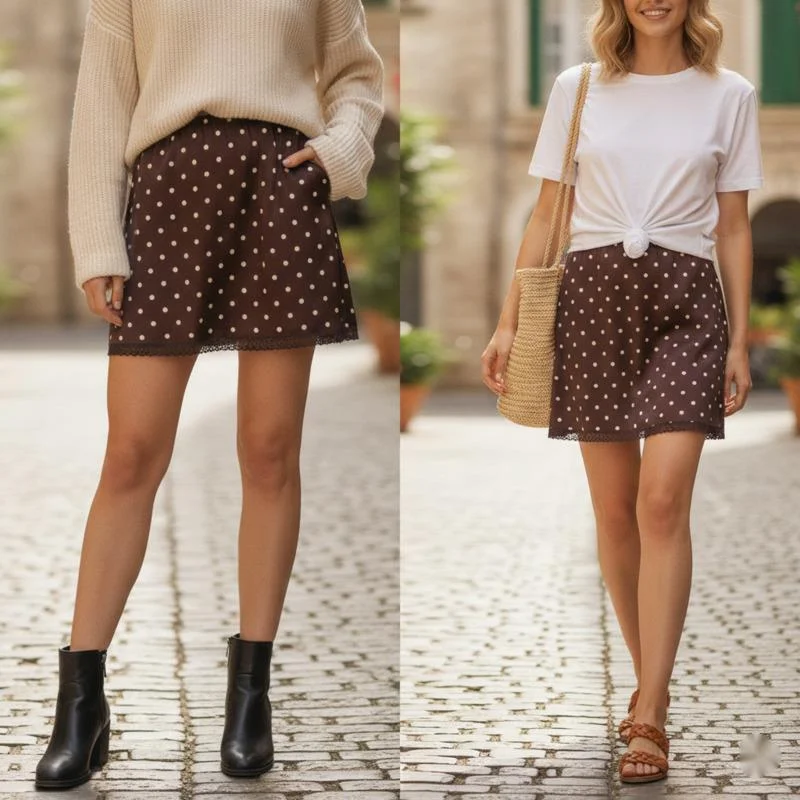 Women Retro Polka Dot Short Skirt Satin Faux Silk Lace Trim Mini Skirt Elegant Chic Office Daily Date Outfit New