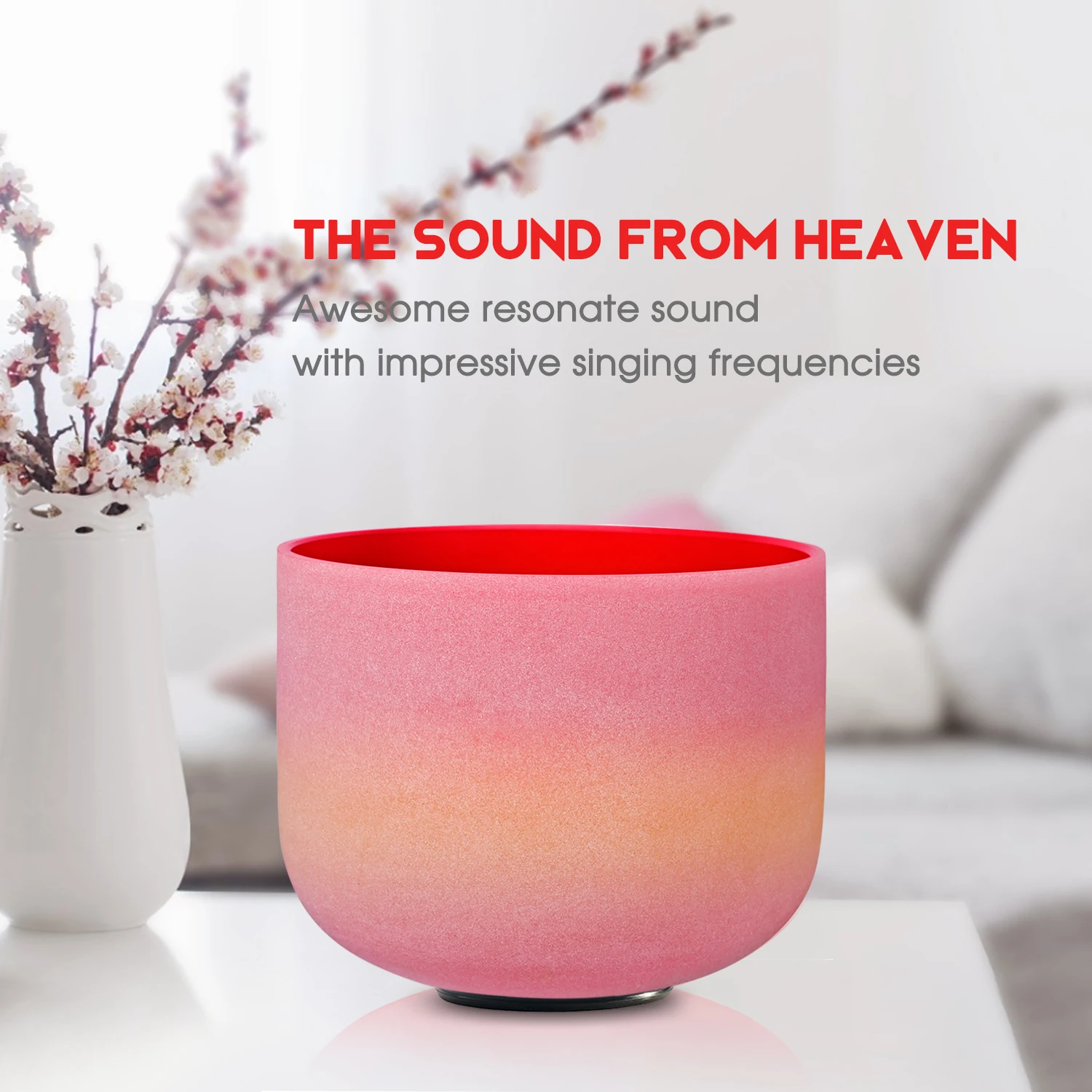 CVNC 8 Inch C Note Red Rainbow Quartz Crystal Singing Bowl Root Chakra 440/432Hz for sound healing with Free Mallet