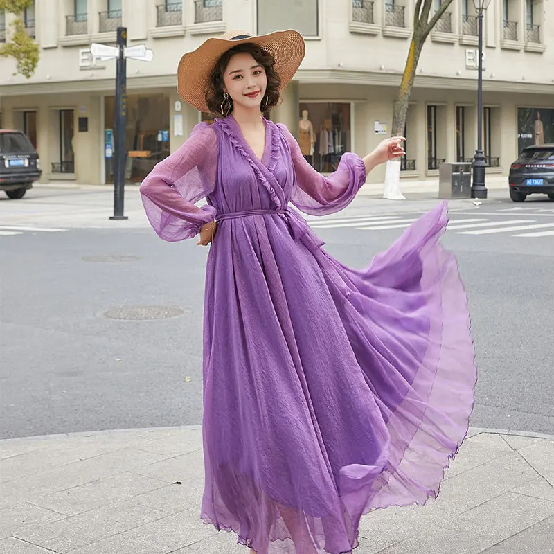 2024Chiffon Kleid Langarm Sommer europäischen und amerikanischen Meer Urlaub Strand Rock Frauen