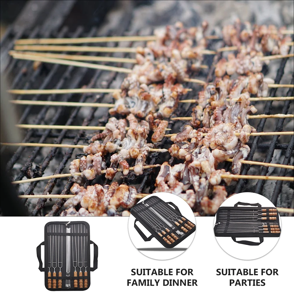 

10Pcs Premium Metal Bbq Skewers Wood Handle Antirust Durable Smooth Edges for Home Dinner Parties Grilling Skewer