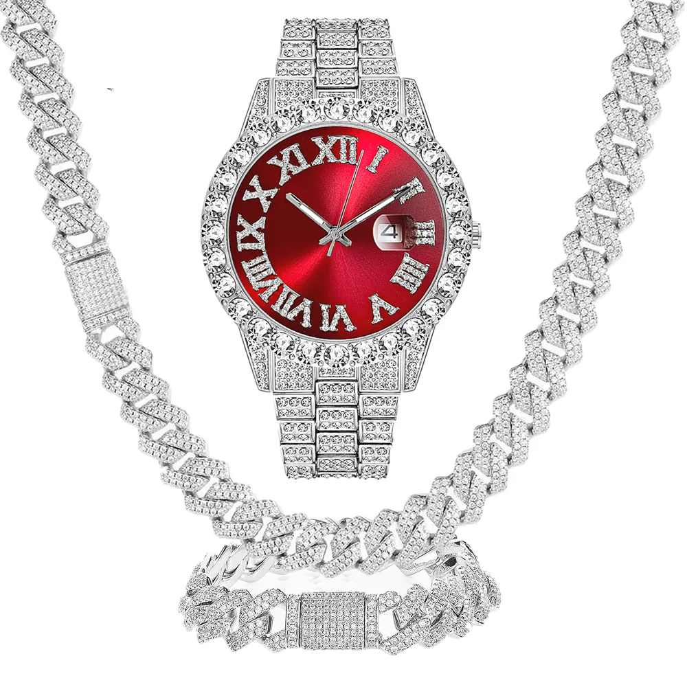 

3PCS Men's Women's Hip Hop Calendar Red Dial Watch Necklace Bracelet Jewelry Set Bling Bling Gold Silver Diamond Man Cuban Chain