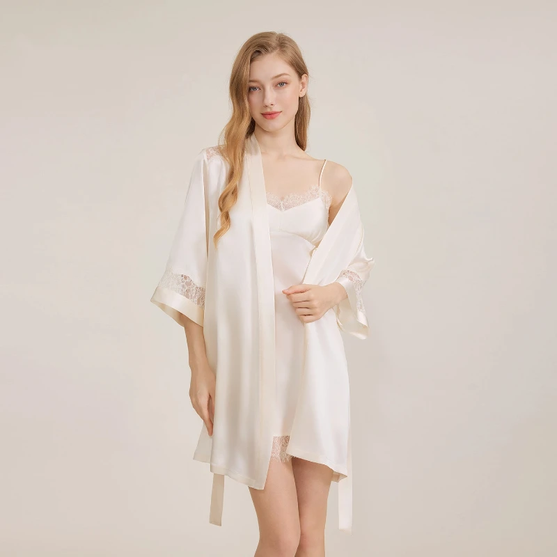 

Короткий халат из 100% тутового шелка с кружевной отделкой, элегантная ночная рубашка, комплект из 2 предметов, кимоно с v-образным вырезом, халат, домашняя одежда, платье-бретелька