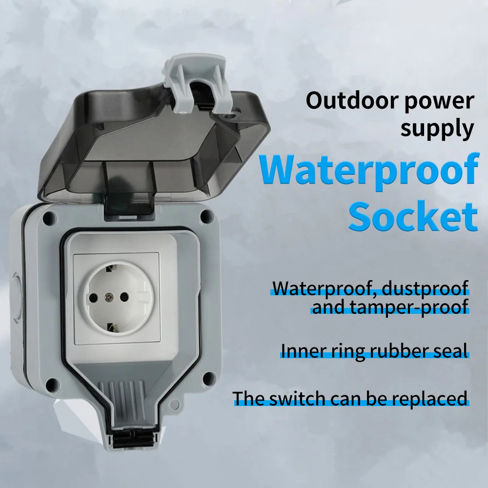 EU Plug Outdoor Power Supply - 1/2 Way Waterproof Socket Box, IP66, 16A, German Standard, for Courtyard/Shower Room