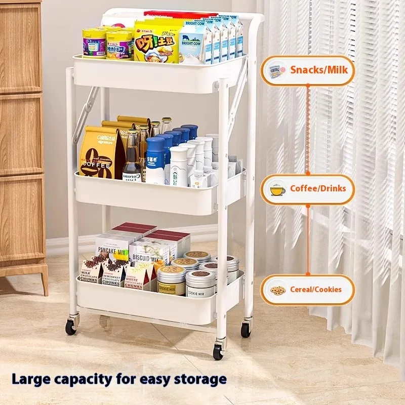 Foldable Metal Trolley Storage Rack Removable Snack Bookshelf Cabinet with Multi-Layer for Living Room & Bedroom