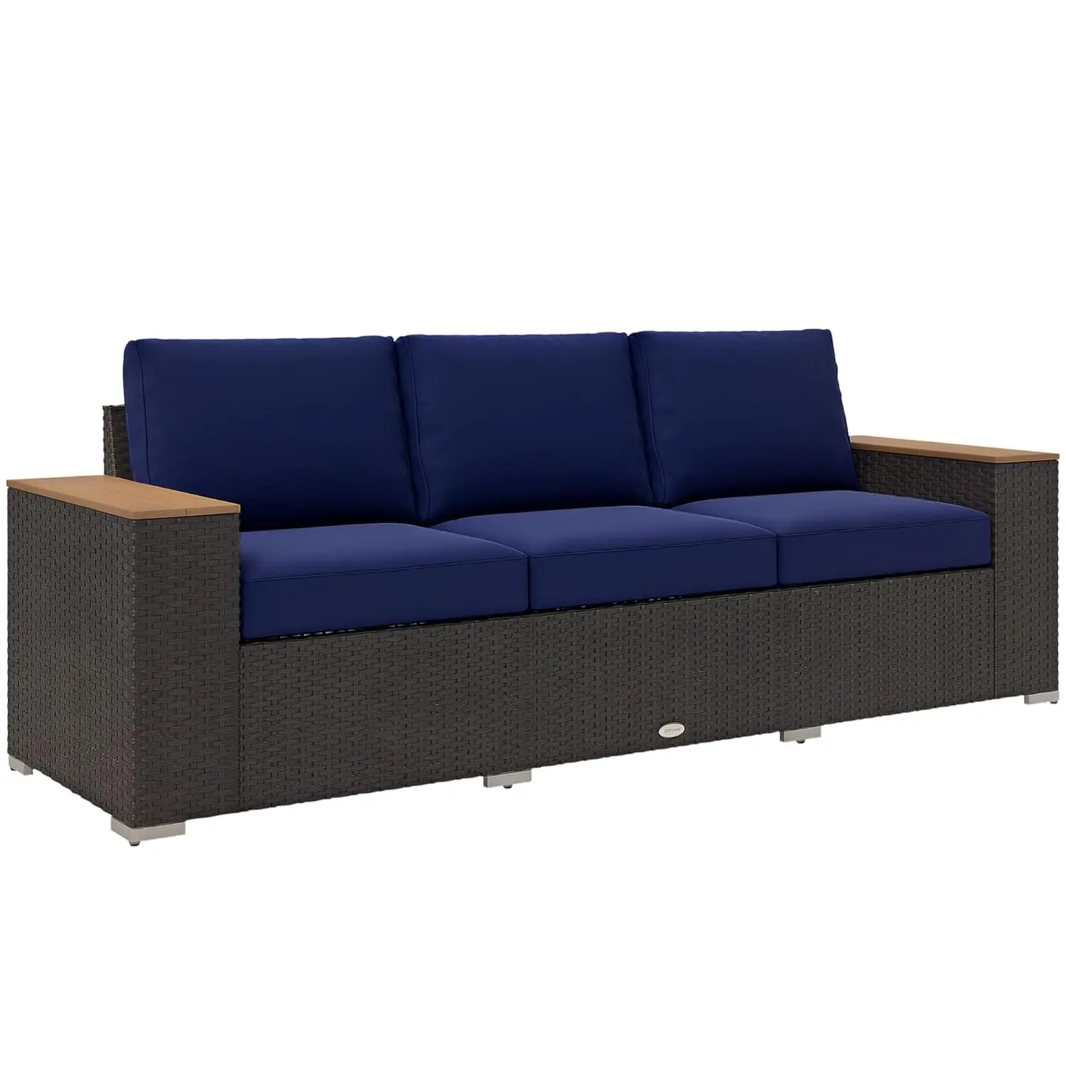 

3-Seat Patio Sofa Extra Wide Deep PE Wicker Wood Armrest 4" Cushion Rattan Porch Garden Navy, Customized