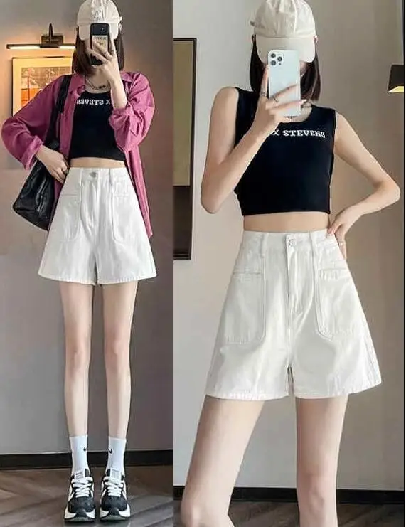 Pink Denim Shorts Women\'s Summer Wide Leg Pants High Waisted A-line Loose Hot Pants