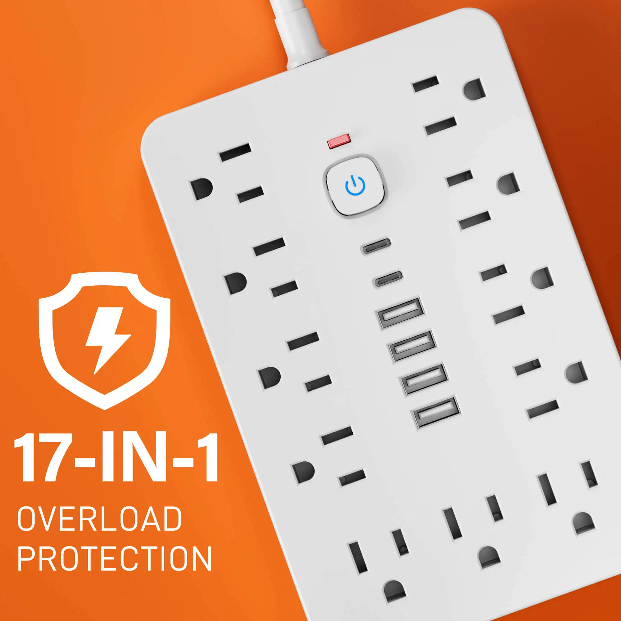 Power strip Surge protection and control switches. 11 AC outlets and 6 USB ports (2 TYPE-C ports) 5 ft/10 ft cord optional