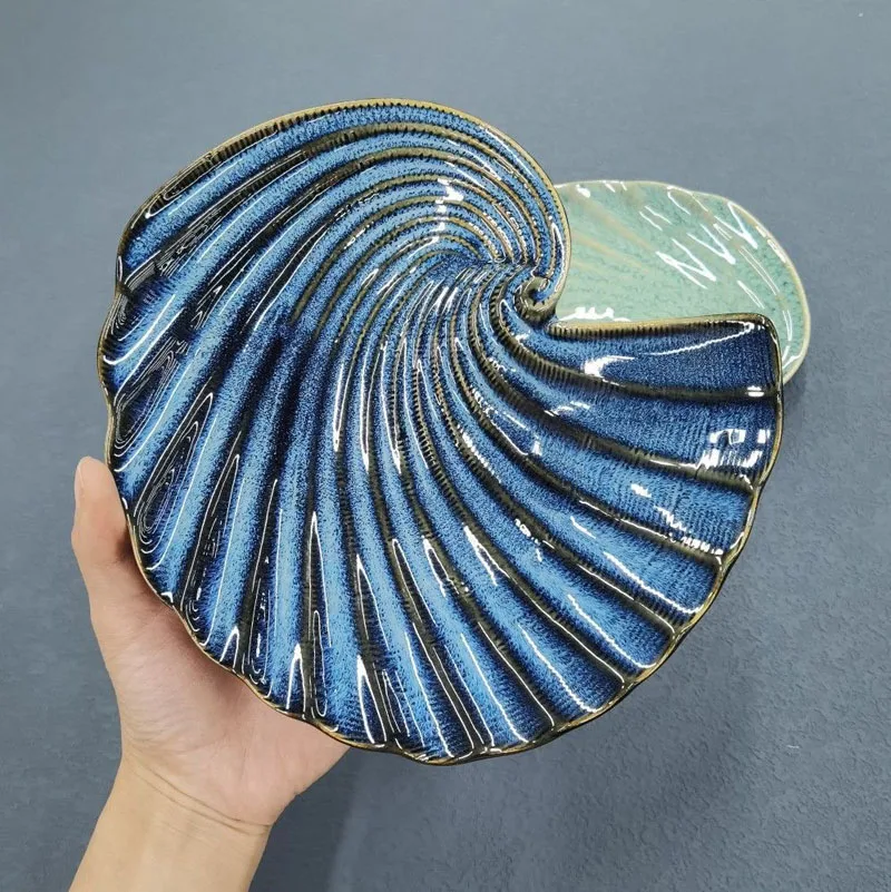 Ceramic ice cracked glaze plate creative special-shaped irregular shell home restaurant kitchen supplies gourmet snack plate 1Pc
