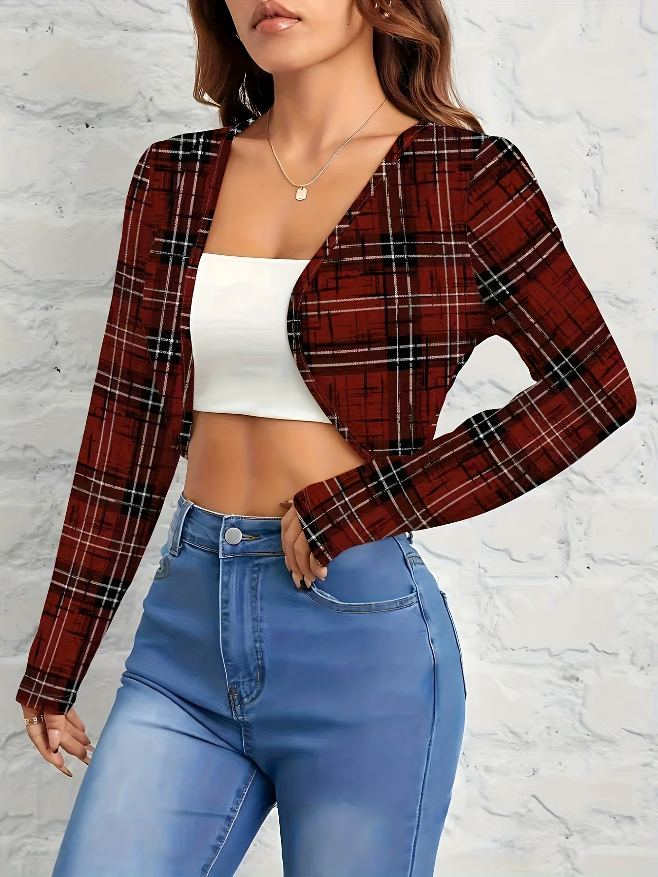 Printed Design Casual Style Red Plaid Pattern Print Design Women's Cardigan
