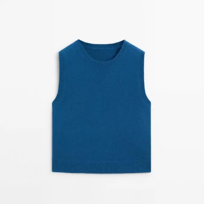 

New 2024 Blue Soft Woolen Knitted Vest Top Casual Layering Faion Women's Faion Sweater Autumn Season Low round Ne