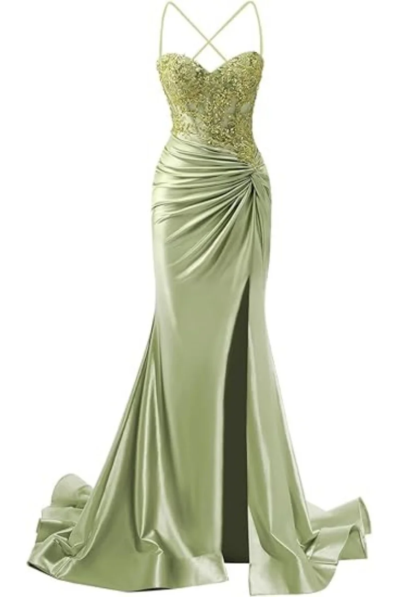 

Mermaid Spaghetti Strap Prom Dresses for Women Satin Lace Applique Ruched Evening Party Gown with Slit