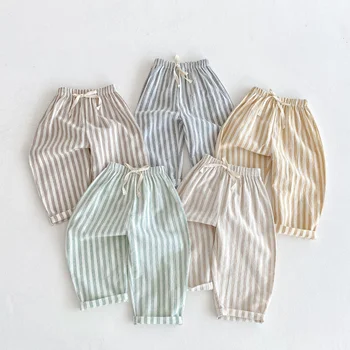 Spring Summer Boys Striped Loose Pants Baby Girl Vintage Casual Linen Cotton Harlan Pants Kids Lace-up Pant Children Clothing