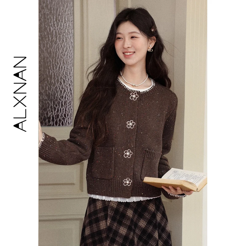 

ALXNAN Women's Cardigan Autumn Winter Warm Casual Brown Chic Brown Round Neck Sweater Slim Fit Knit Tops Female L59037