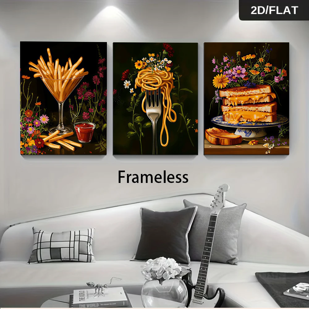 1 set of retro cuisine, floral triptych, frameless drawing, French fries, spaghetti sandwich, wall decoration, 2D plan