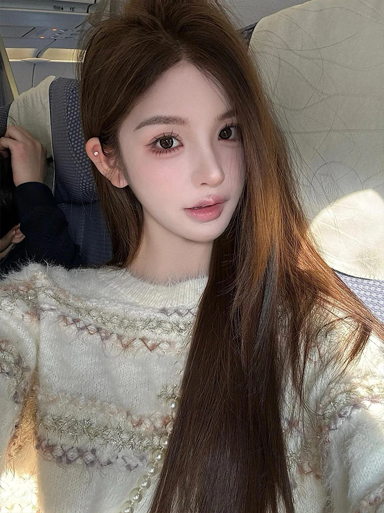 한국 스타일 독특한 라운드 넥 부드럽고 편안한 여성용 스웨터 가을 겨울 젠틀 에이지 다용도 따뜻한 니트