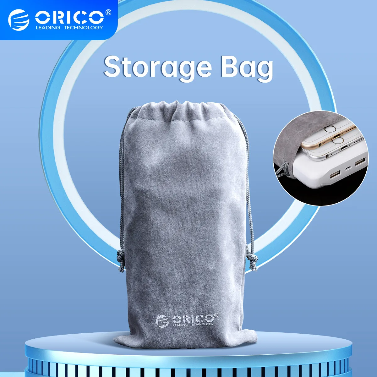 ORICO SA1810 Phone Storage Velvet Bag Storage for USB Charger/USB Cable/Power Bank/Phone Gray Color  180*100mm