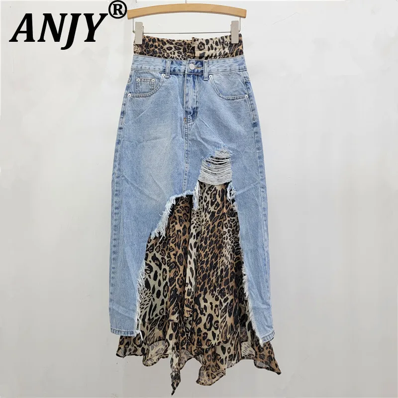 กระโปรงยีนส์ลายเสือดาวต่อผ้าสไตล์แฟชั่นใหม่สำหรับผู้หญิงช่วงต้นฤดูใบไม้ร่วง รุ่น A14612 ทรงเข้ารูป สไตล์สาวฮอต