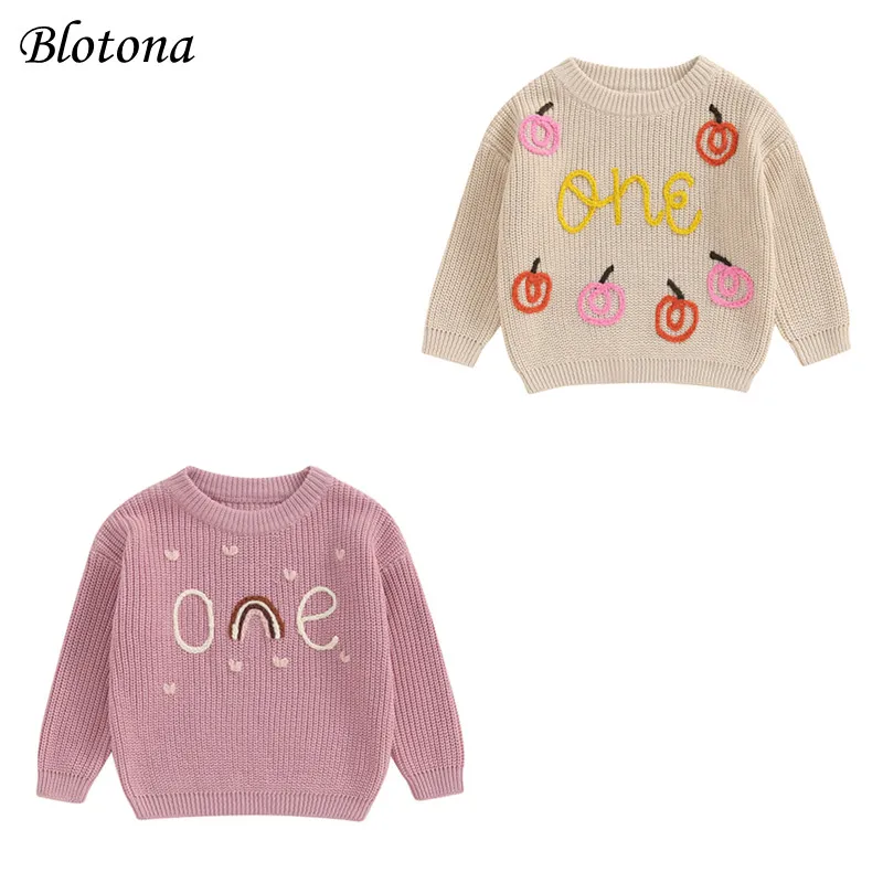 

Blotona Baby Boy Girl Halloween Sweater Pumpkin Number Embroidery Pattern Long Sleeve O-Neck Fall Winter Knitwear Pullover Tops