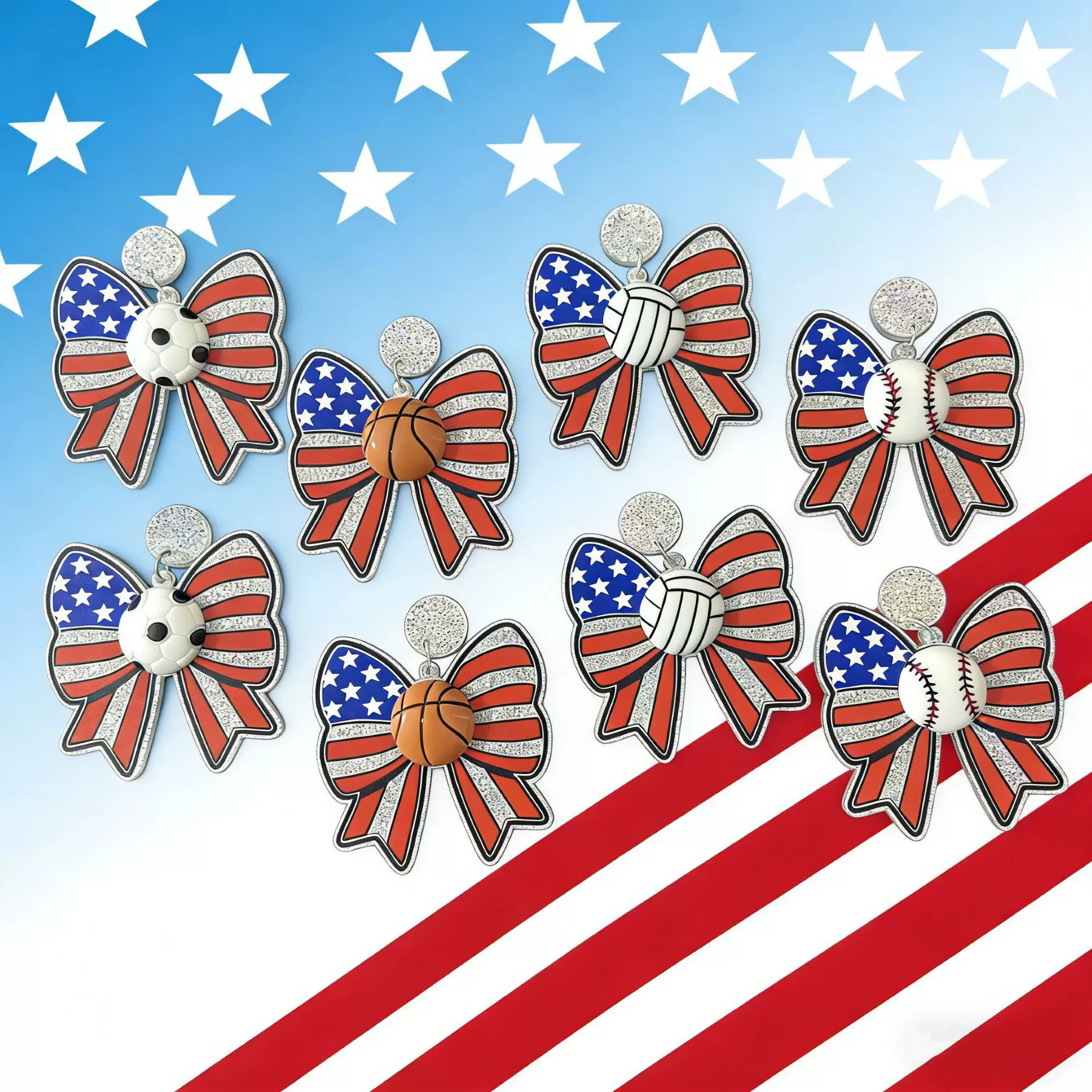 20pairs American Flag Elements Bow Acrylic Earrings 3D Basketball Football Volleyball Baseball Sports Style Earrings