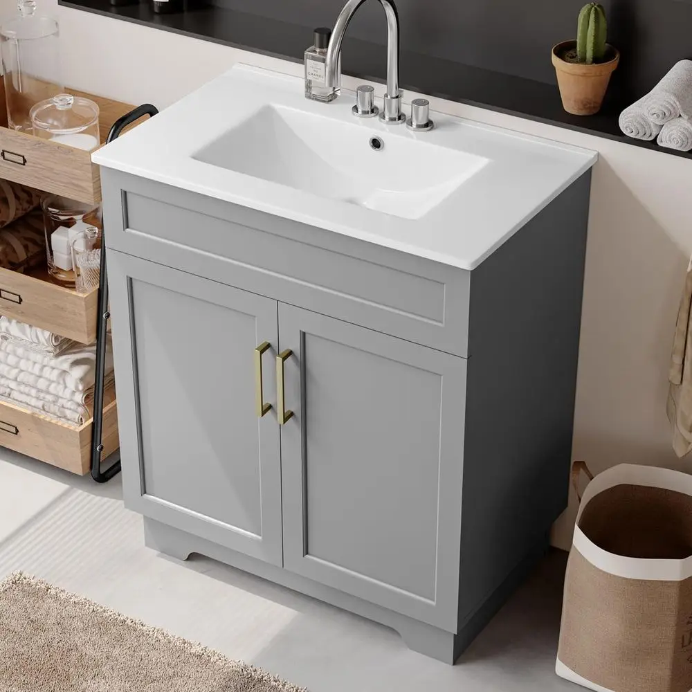 

30 Inch Quick-Assembly Grey Double Door Vanity with Ceramic Sink and Wooden Legs for Bathroom Storage