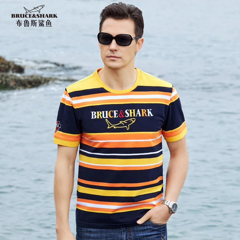 Summer New Men's Causal T-Shirt Round Bruce&Shark Fashion Embroidery Thin Men's Striped Tees Breathable Lapel Round Big Size 4XL