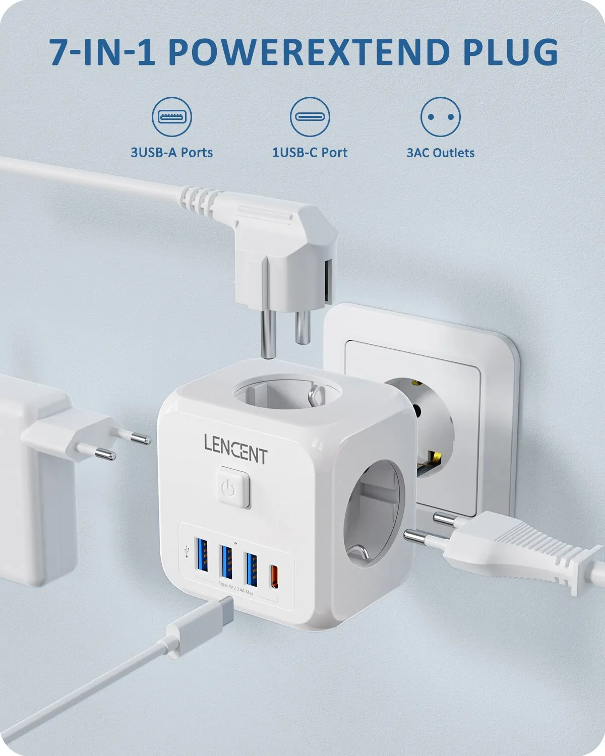 LENCENT stopcontactverlenger met 3 stopcontacten, 3 USB-poorten en 1 type C 7-in-1 EU-stekkeroplader aan/uit-schakelaar voor thuis