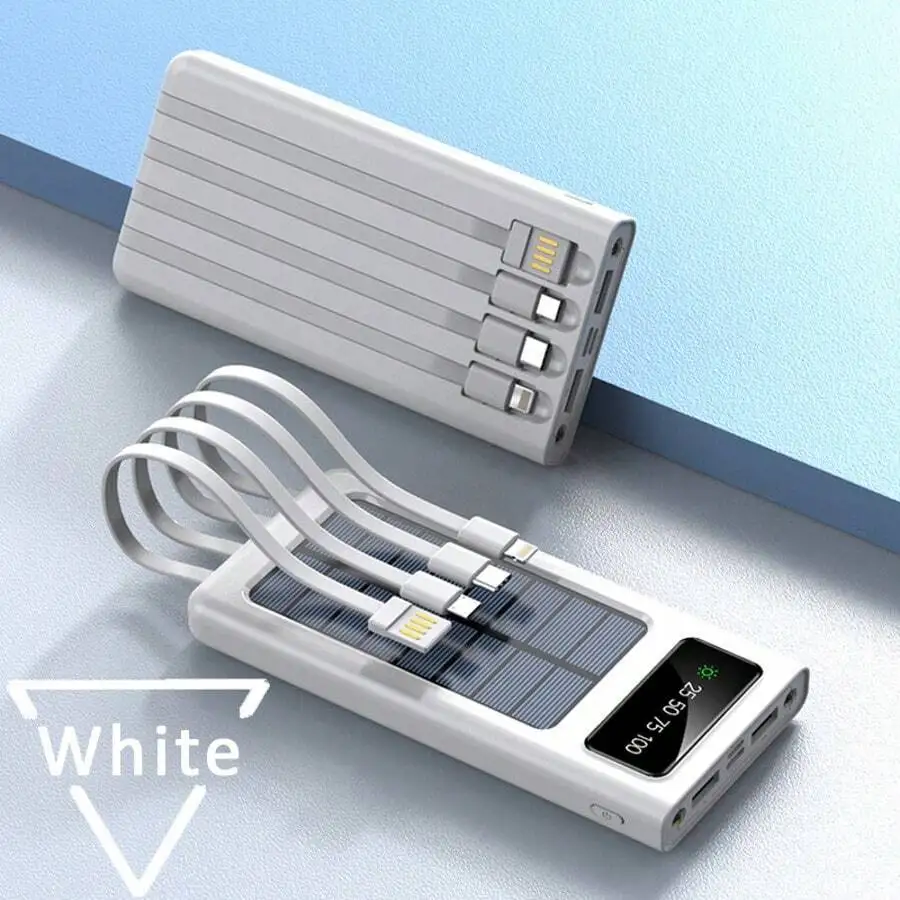 

10000mAh Portable Solar Power Bank External Battery Charger For Cell Phone, Built In 4 Cables, With Flashlights Digital Display