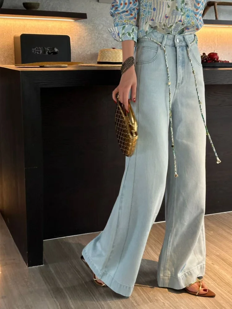 

High Waist Silk Denim Jeans Women Loose Straight Leg Floor Length Casual Spring New Sle Soft Wide Leg Pants