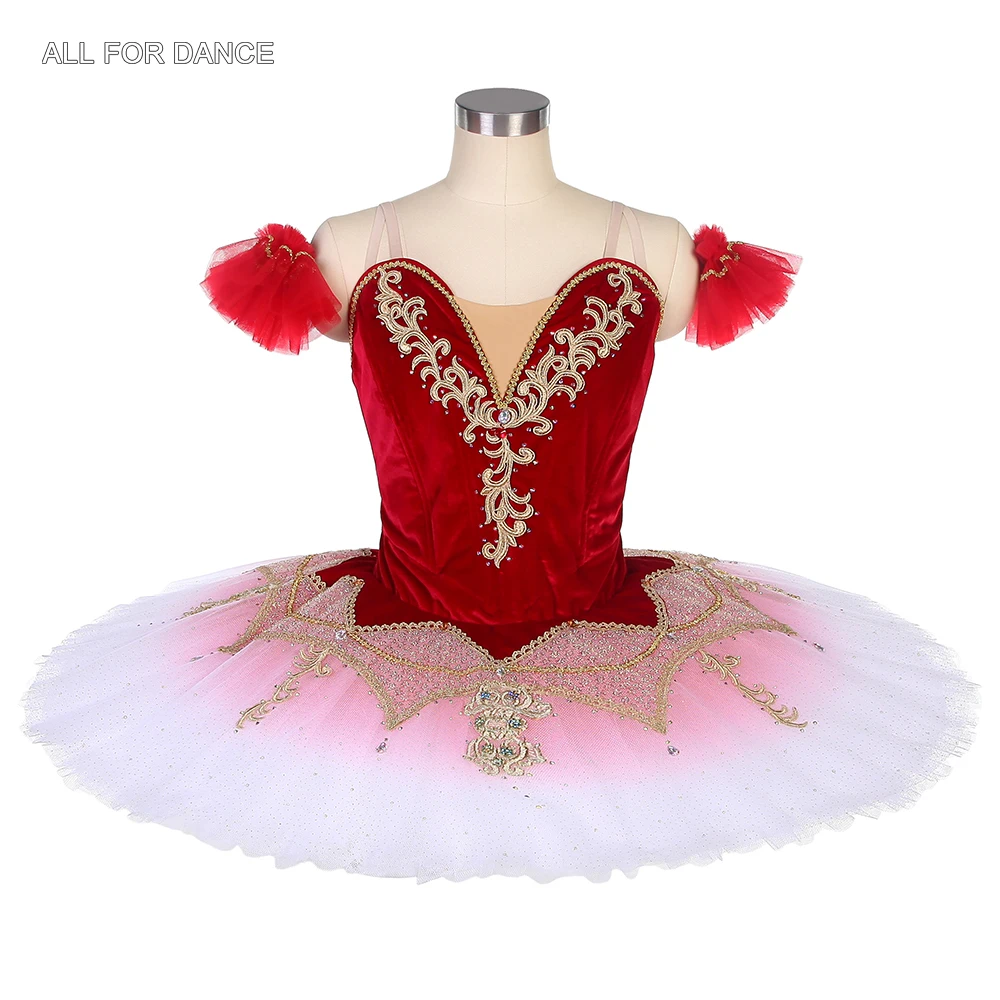 

B22154 Girls Red Velvet Bodice Professional Ballet Dance Costume with 10 Layers of Ombre Red Stiff Tulle Pancake Tutu Skirt