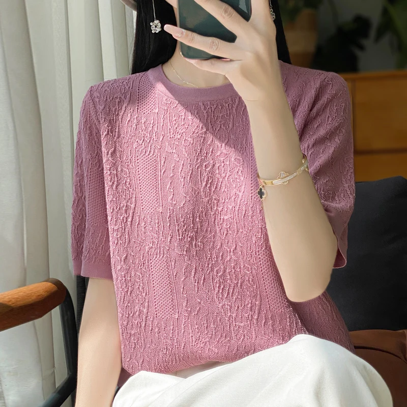 3D Relief Ice Silk Knitted Short Sleeved Women\'s Round Neck Loose Thin Jacquard Top Wth a Base T-shirt  2024Hot Selling Items