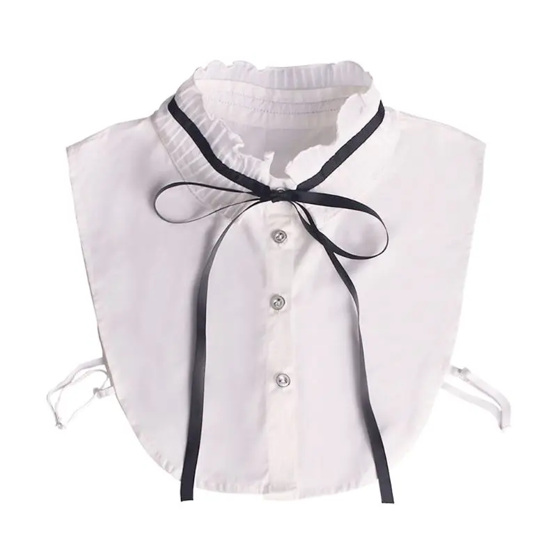 Korean Ladies Pleated Fake Stand Collar Lace-up Ribbon Bowtie Elegant Detachable Cotton Dress Sweater Half-Shirt