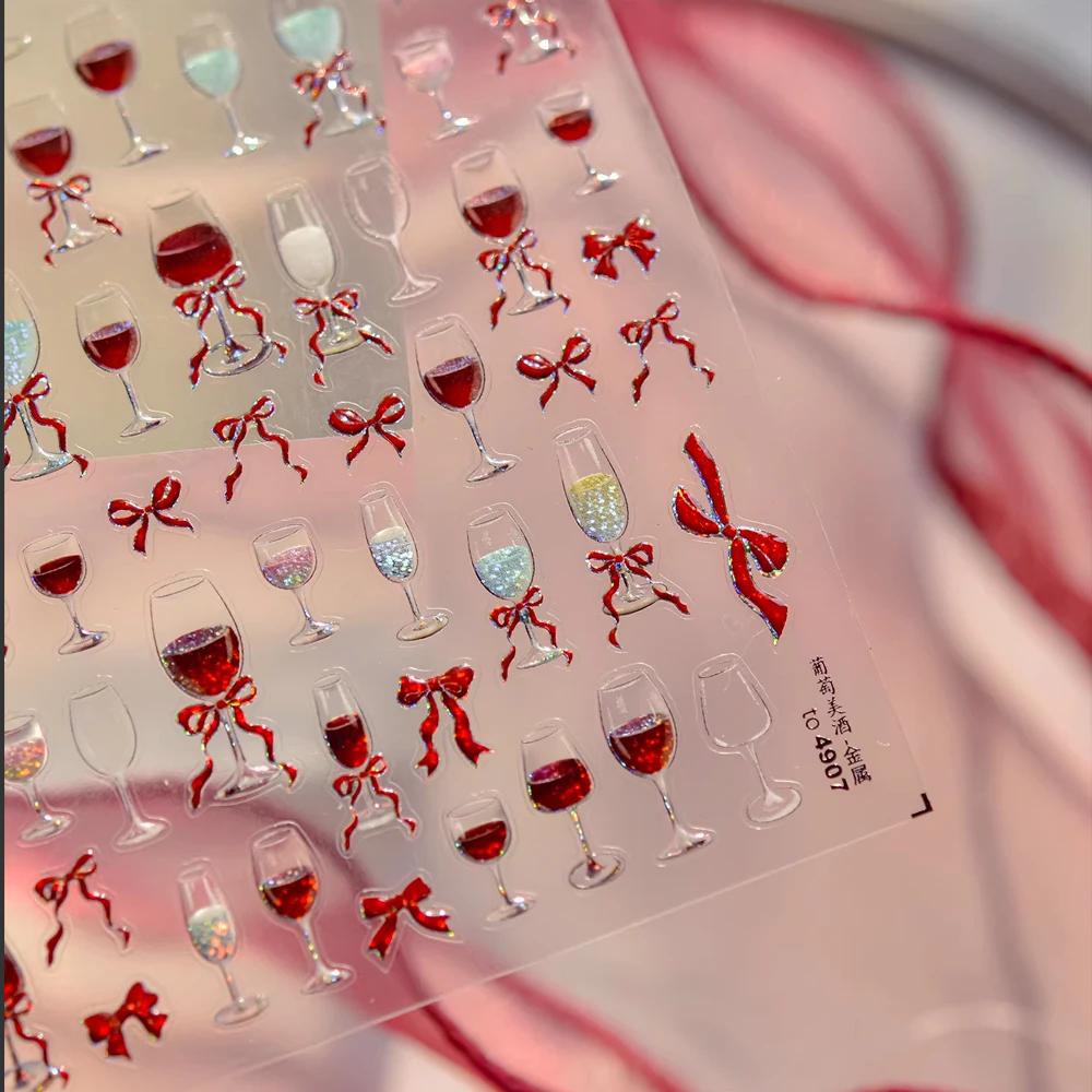 1 pièces 5D paillettes rouge arc verre à vin Nail Art autocollants brillant nœud papillon ruban gobelet ongles décalcomanies bricolage saint valentin Sexy ongles autocollants