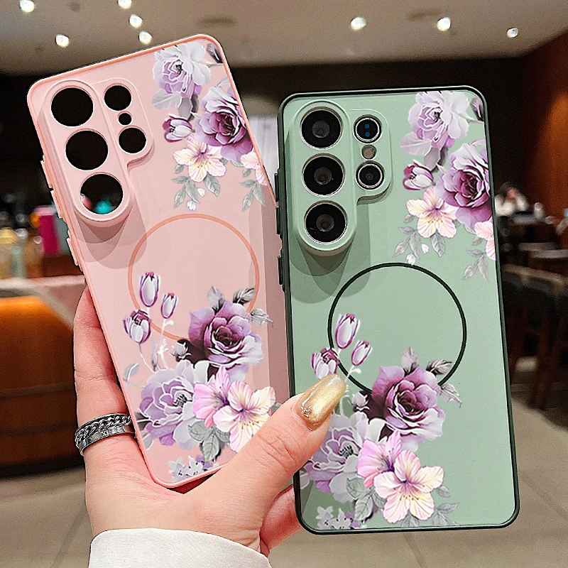 Capa Magnética com Estampa Floral Roxa para Samsung Galaxy S26 S25 S22 Ultra Edge S24 S23 FE A17 A56 A37 A16 A55 A36 A55