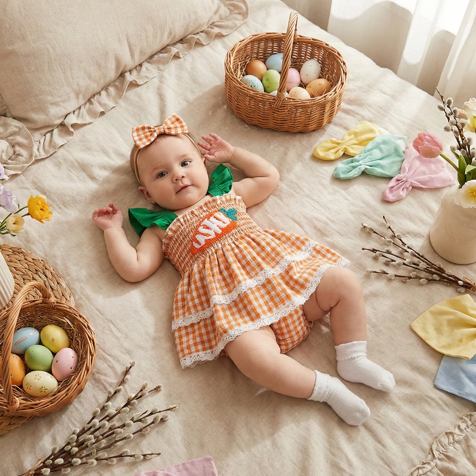 ViSgogo Baby Girl Easter Outfit Plaid Carrot Embroidered Flying Sleeve Romper Dress and Bow Headband 2 Piece Set