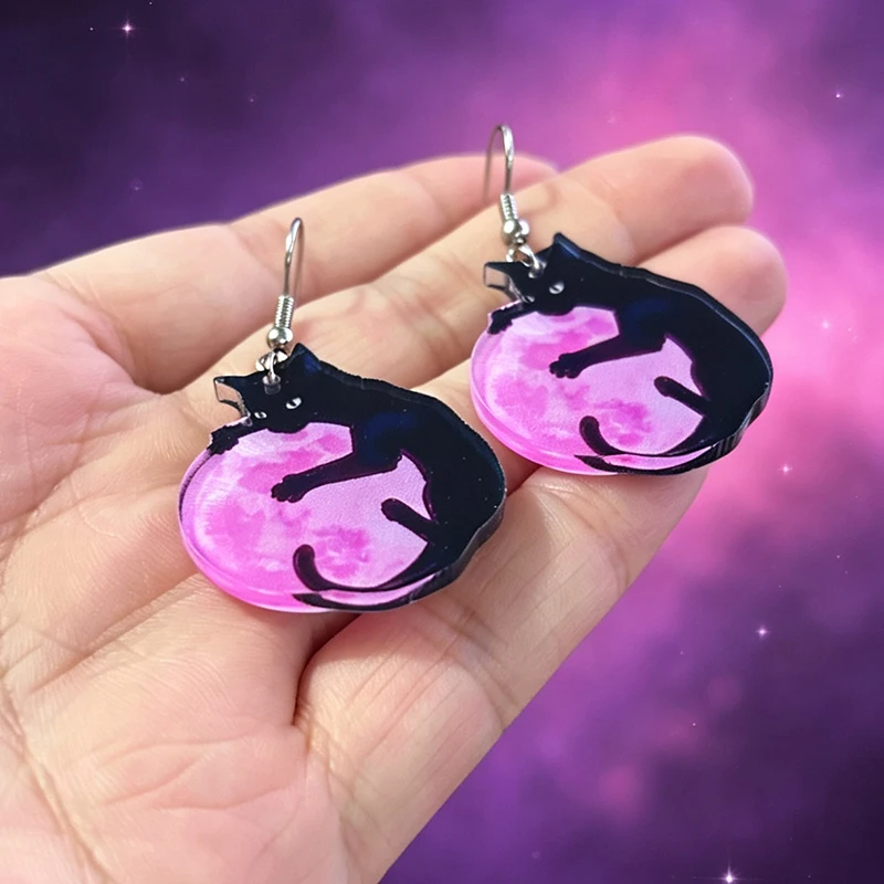Black Cat Embrace Pink Full Moon Stainless Steel Ear hook Earrings Mysterious Starry Sky Background Gothic Witch Earrings Gift