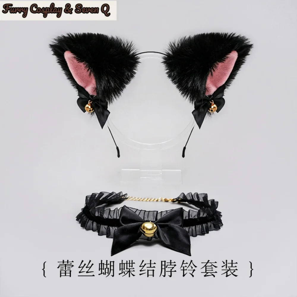 Sweet Cute Plush Cat Ear Bell Headband Black Wild Small Collar Kawaii Bow Bell Collar Choker Necklace Accessory Lolita Headwear