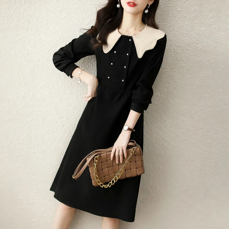 

Women Fall Winter New Fashion Contrast Lace Doll Neck Double Breasted Corduroy Fashion A-Line Dress