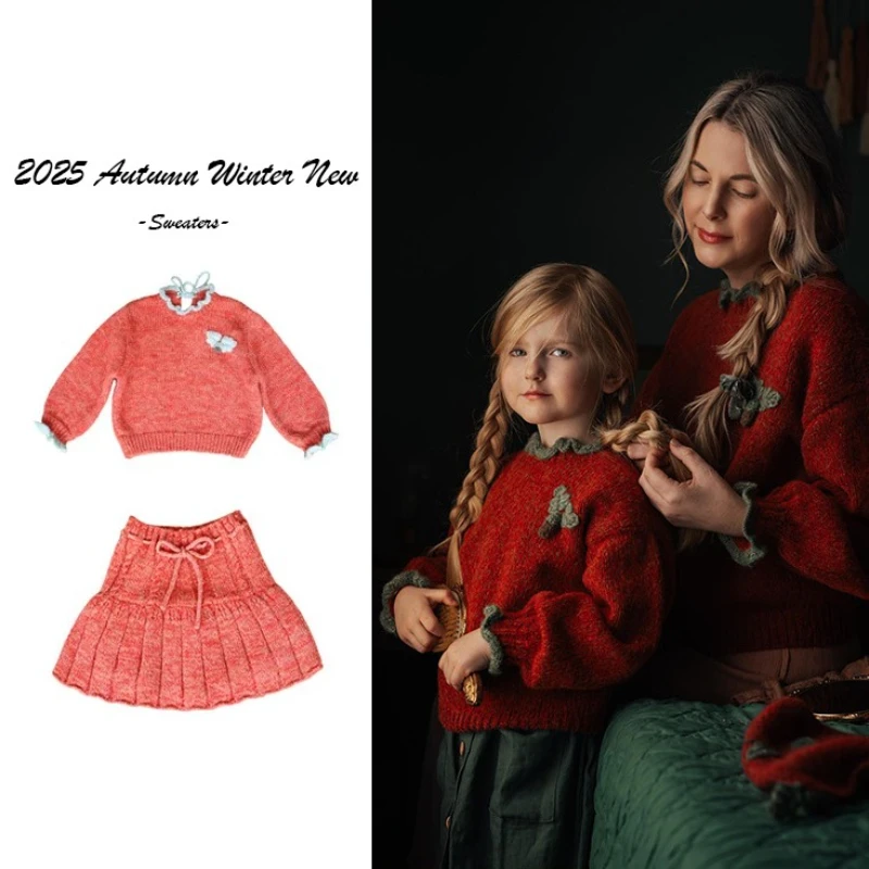 

2025 Autumn Winter NEW Embroidered Girl's Collar Embroidered Sweater Dress Fashion Red Christmas Cute New Year Girls' Clothing