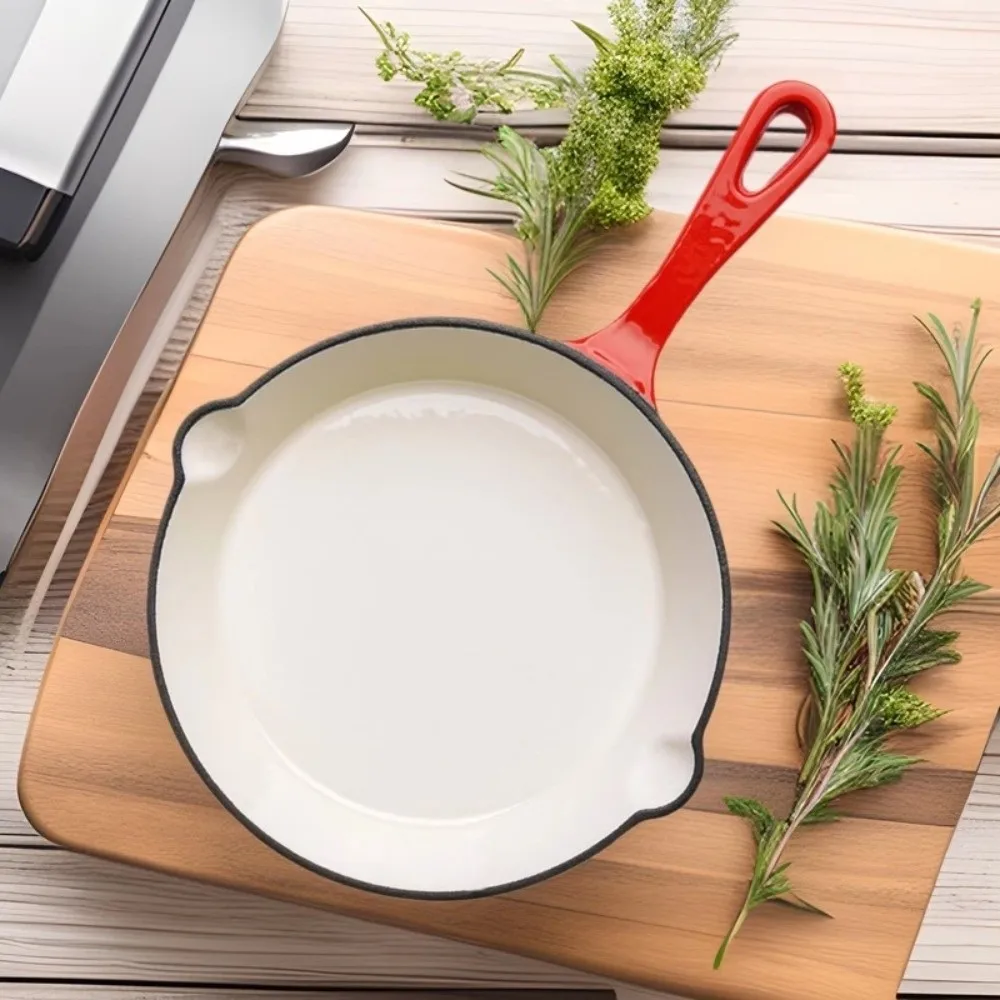 

Household Non-stick Enameled Cast Iron Dutch Oven Universal Flat Bottomed Frying Pan Red Vintage Omelette Pan Induction Cooker