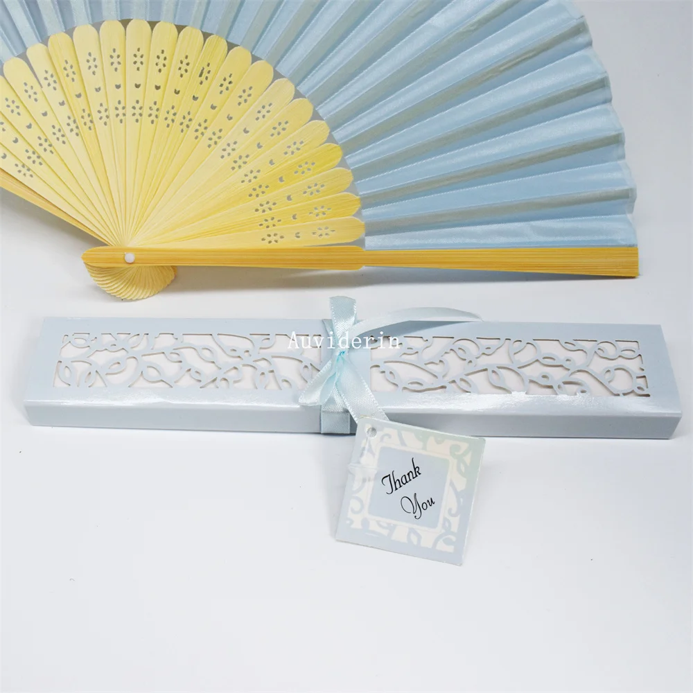 On Sale Light Blue Bamboo Wedding Hand Folded Fan 30/40/50/60/70/80pcs Print Names Logo for Party Favors Gift for Guest