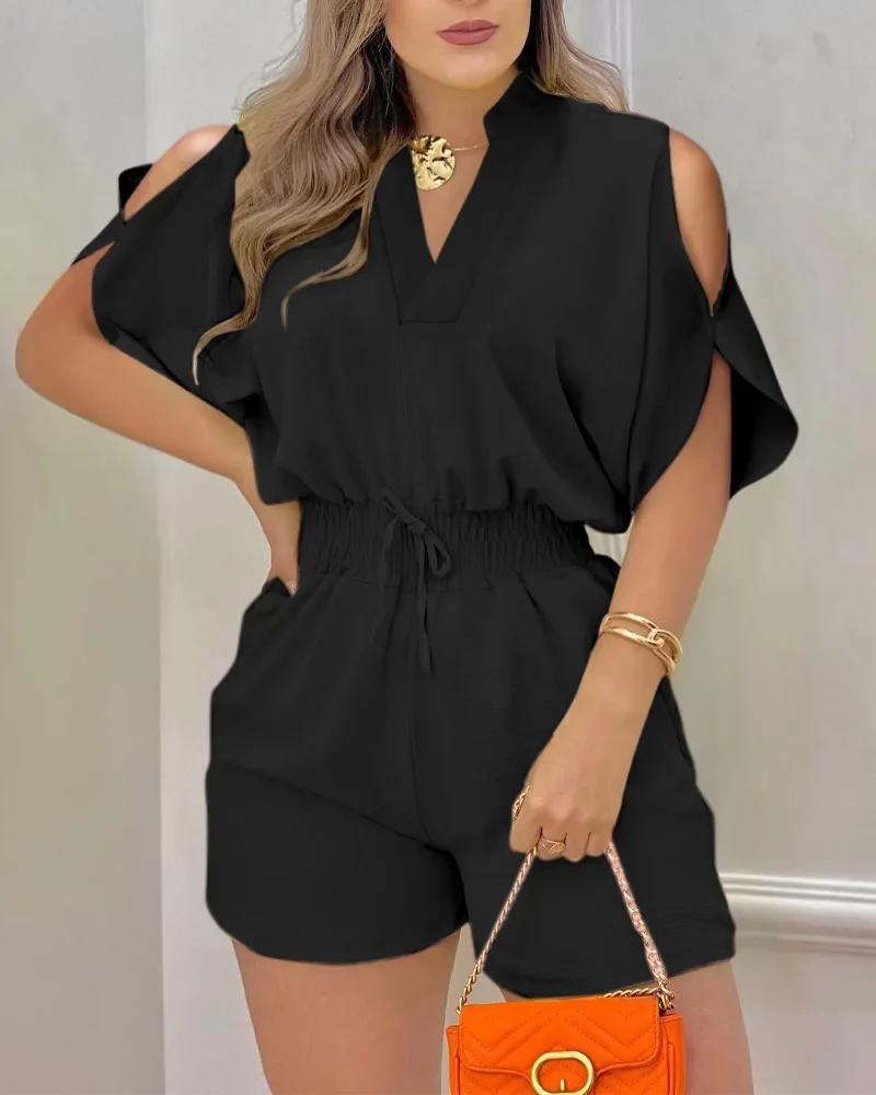 

Summer Jumpsuit Women 2024 Fashion Hollow Out Sleeve High Waist Casual Plain V-Neck Short Sleeve Above Knee Romper Streetwear