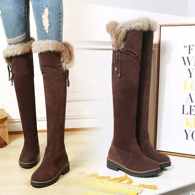 Size34-44 Lady winter boots plush collar knee boot big size warmproof high boots faux wool shoes string lace up snow boots